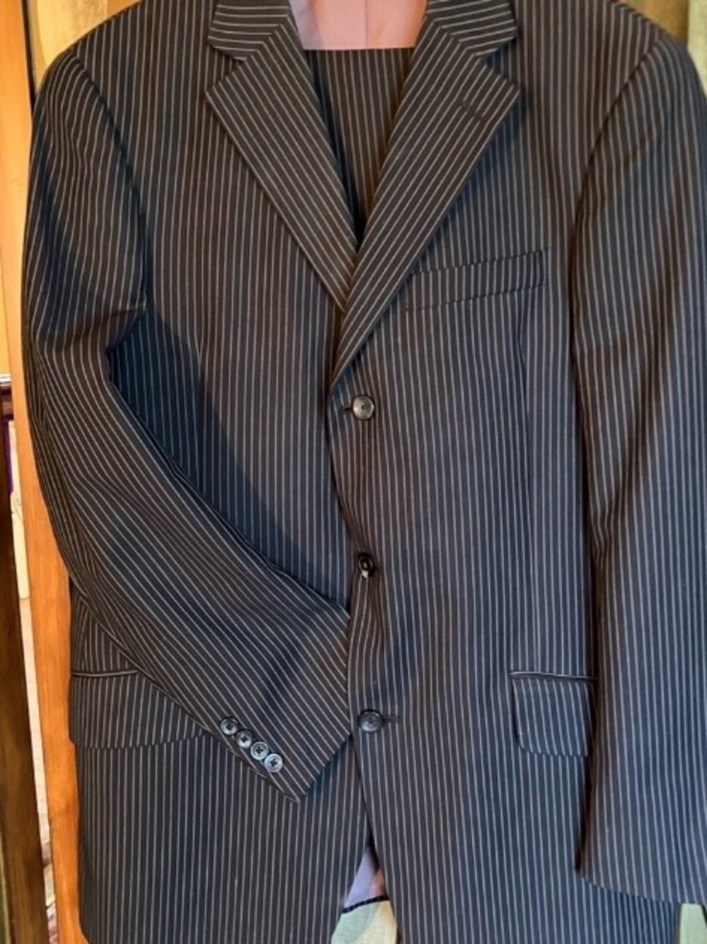 Charcoal pinstripe Billy London UK suit jacket and slacks